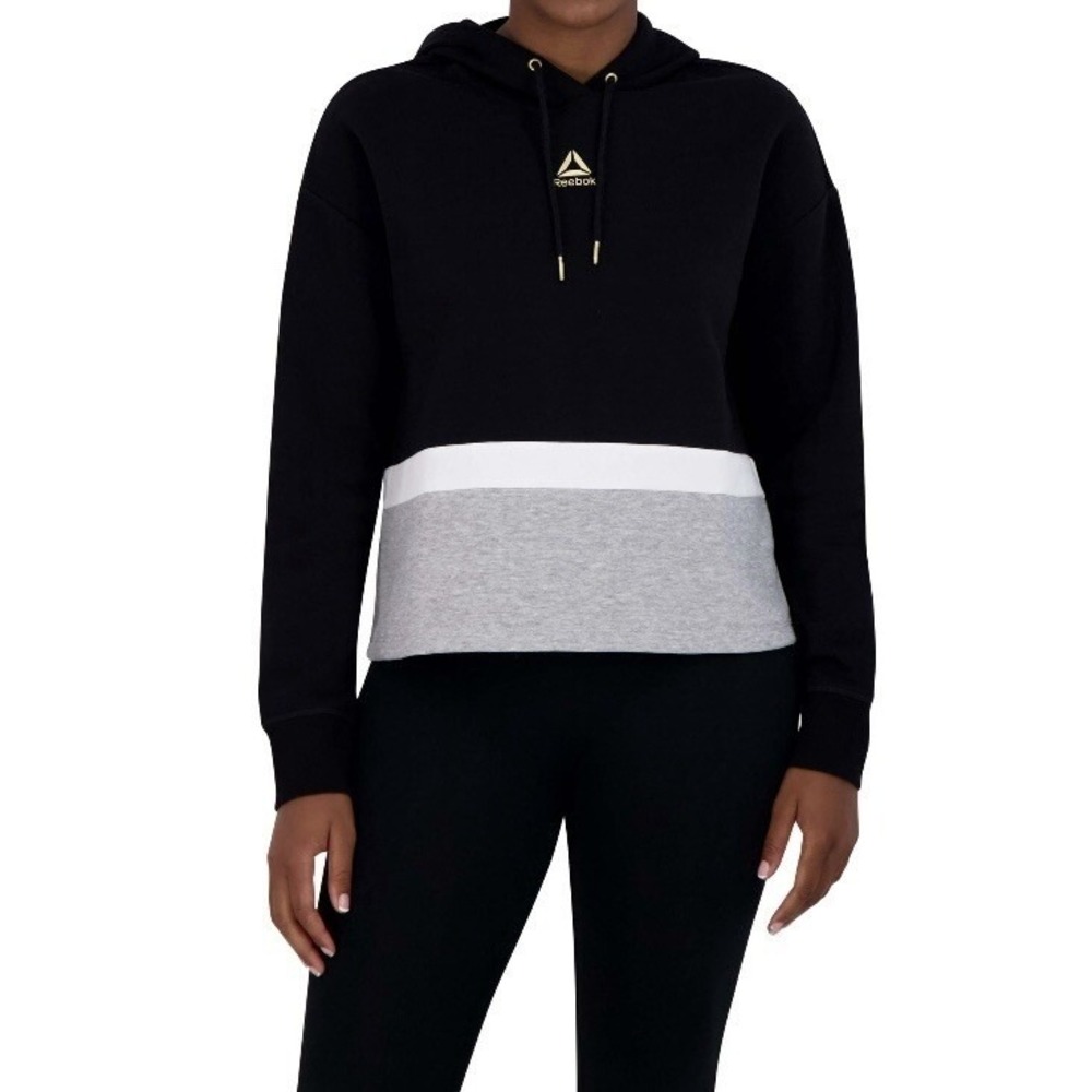 Reebok Womens Fierce Color Block Cropped Hoodie Small New with Tags Black Gold